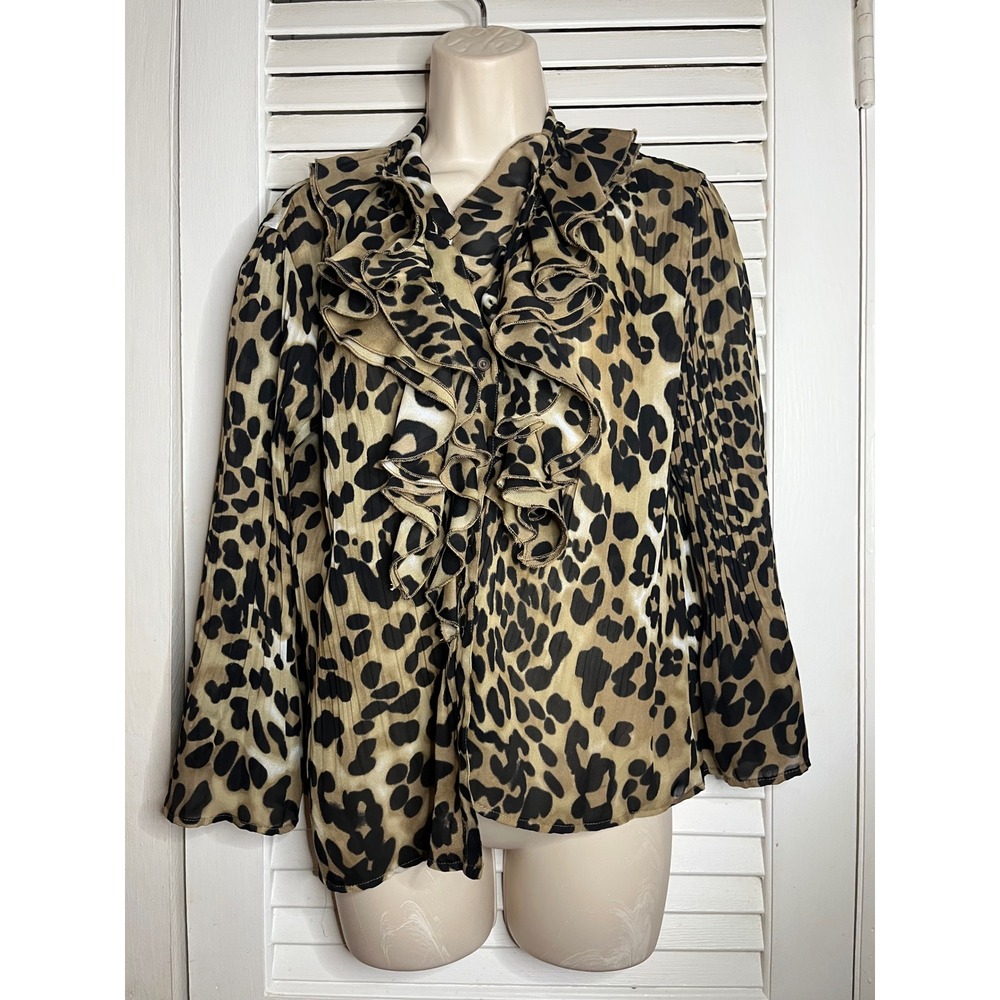 Vintage Sunny Leigh‎ Y2K Leopard Print Ruffle Blouse Animal Print M